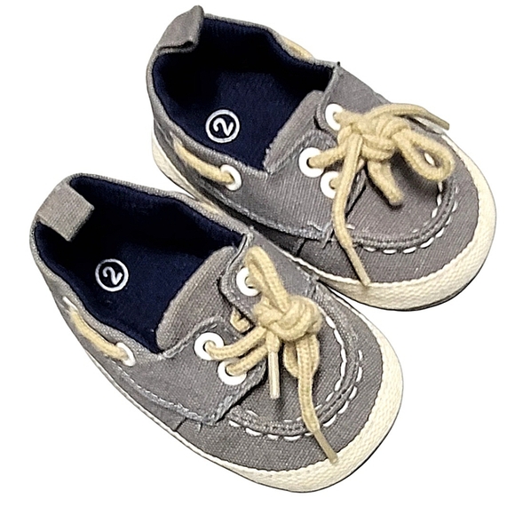 Other - Baby Boy Cotton Lace Up Gray Slip On Boat Crib Shoes sz 2 (3-6 months)
